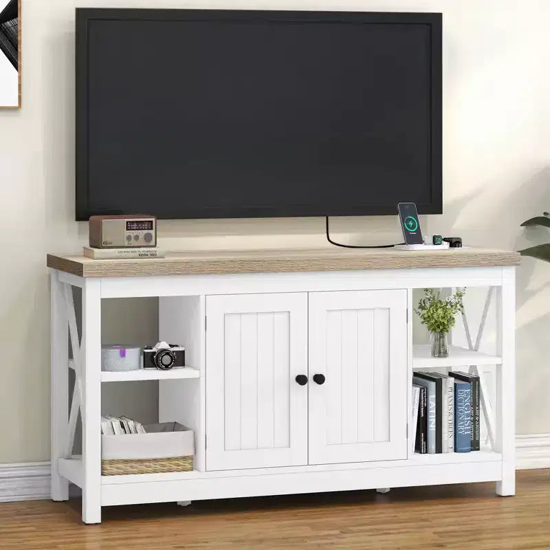 Farmhouse TV Stand for 55 Inch TV, Entertainment Center with Power Outlet & Adjustable Shelves, TV Media Console Table for Living Room