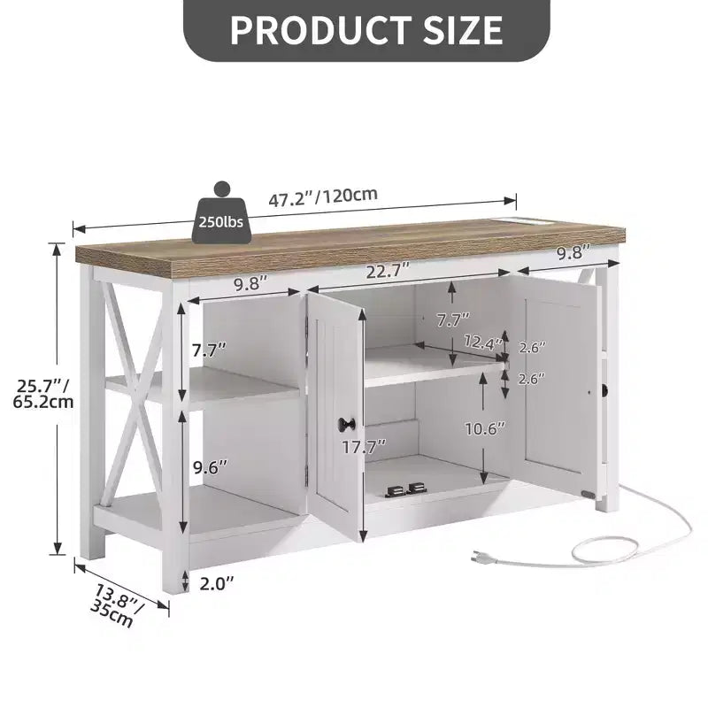 Meuble TV de ferme pour téléviseur 55 pouces, centre de divertissement avec prise de courant et étagères réglables, table console multimédia pour salon