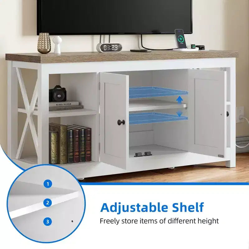 Meuble TV de ferme pour téléviseur 55 pouces, centre de divertissement avec prise de courant et étagères réglables, table console multimédia pour salon