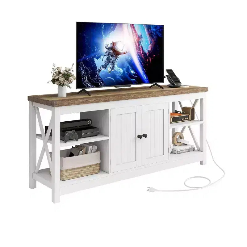 Meuble TV de ferme pour téléviseur 55 pouces, centre de divertissement avec prise de courant et étagères réglables, table console multimédia pour salon