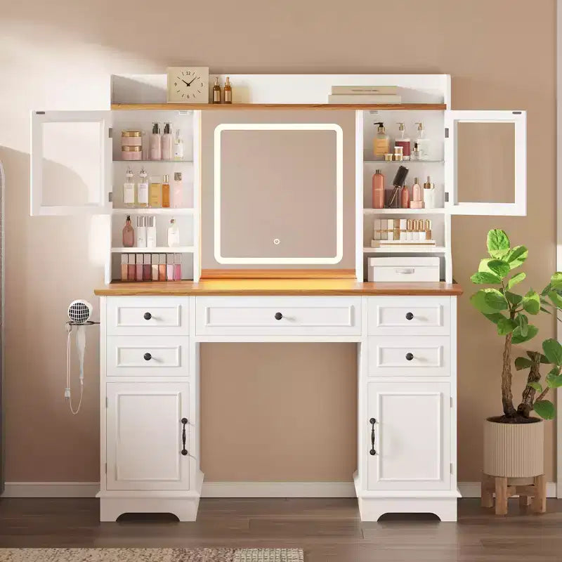 Coiffeuse avec miroir lumineux LED – 3 couleurs réglables, 5 tiroirs, 4 portes et 3 étagères de rangement, station de charge