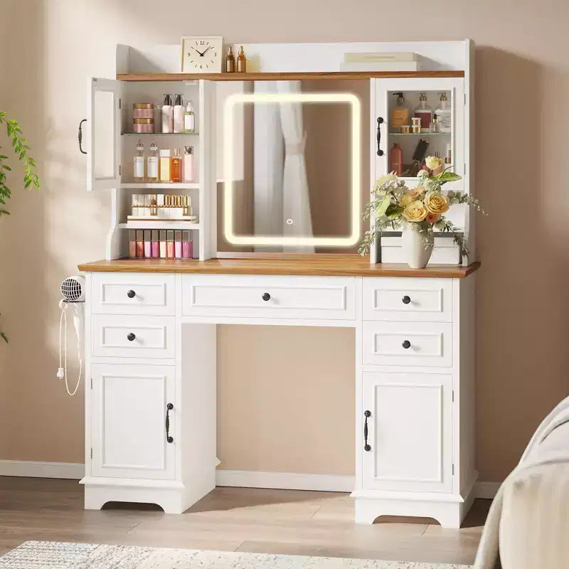 Coiffeuse avec miroir lumineux LED – 3 couleurs réglables, 5 tiroirs, 4 portes et 3 étagères de rangement, station de charge