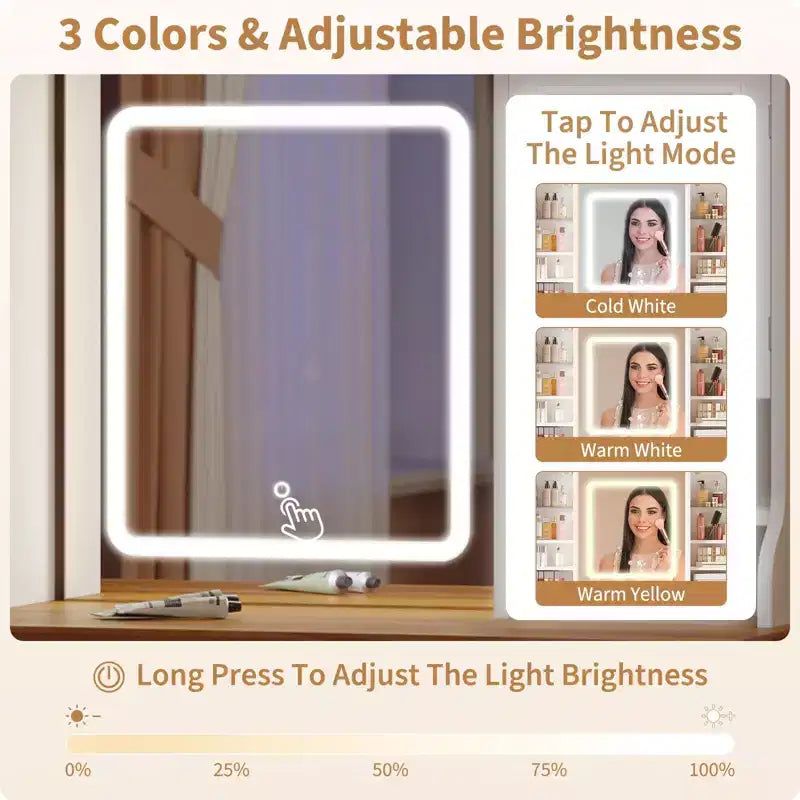 Coiffeuse avec miroir lumineux LED – 3 couleurs réglables, 5 tiroirs, 4 portes et 3 étagères de rangement, station de charge
