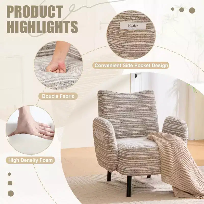Fauteuil moderne en bouclette avec poche latérale de rangement