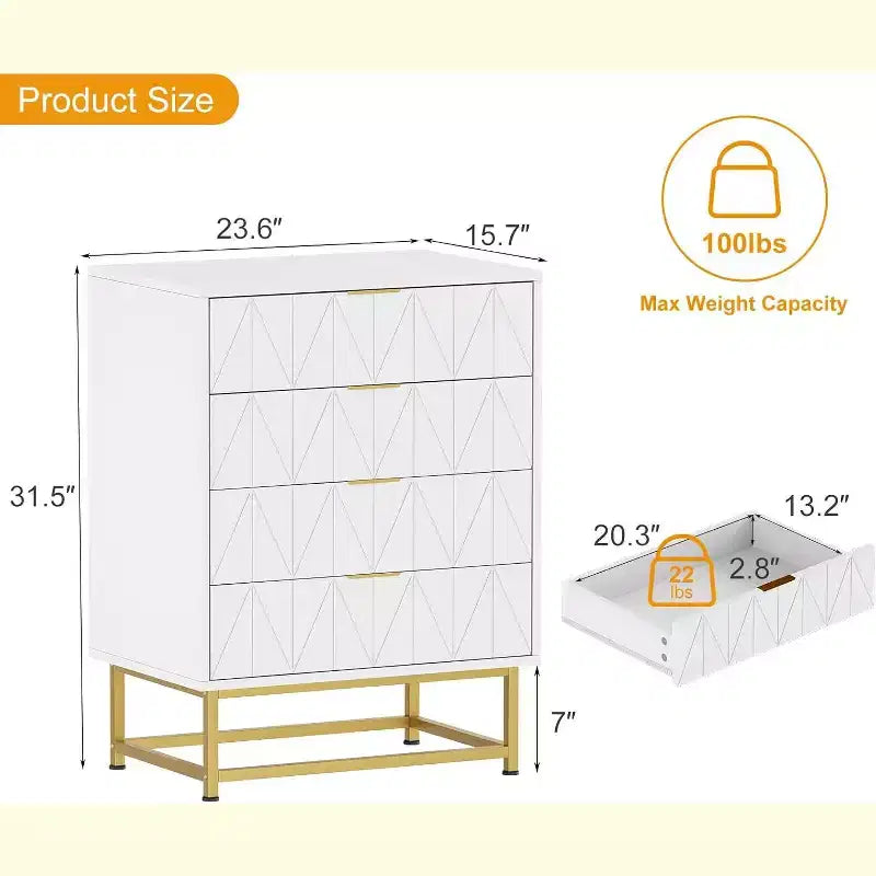 Buffet 4 tiroirs, Meuble de rangement moderne avec pieds dorés pour chambre, salon, 60x40x80cm