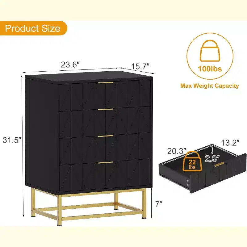 Buffet 4 tiroirs, Meuble de rangement moderne avec pieds dorés pour chambre, salon, 60x40x80cm