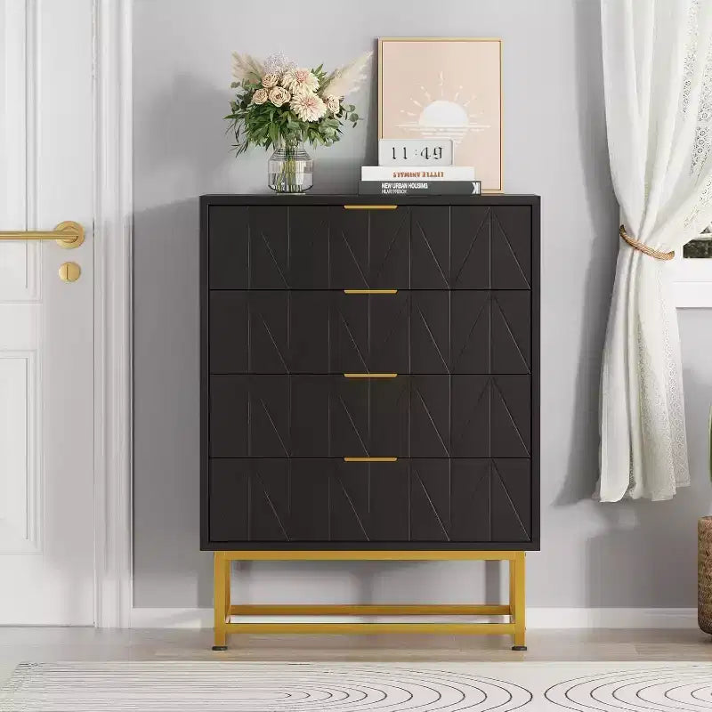 Buffet 4 tiroirs, Meuble de rangement moderne avec pieds dorés pour chambre, salon, 60x40x80cm