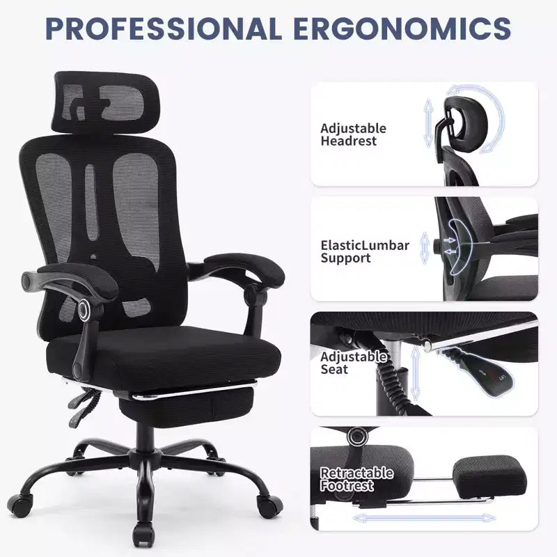 Chaise de bureau ergonomique à roulettes, Chaise de bureau à dossier haut en maille, Chaise d'ordinateur pivotante réglable en hauteur pour le travail ou le jeu