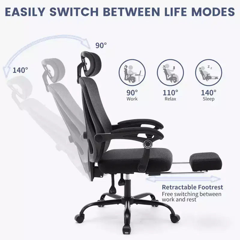 Chaise de bureau ergonomique à roulettes, Chaise de bureau à dossier haut en maille, Chaise d'ordinateur pivotante réglable en hauteur pour le travail ou le jeu
