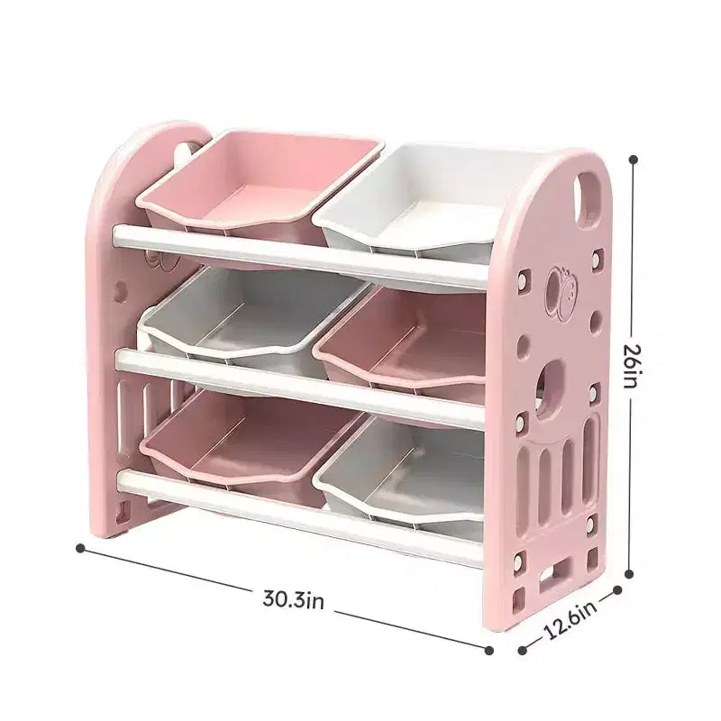 Organisateur de rangement de jouets pour enfants, étagère en PEHD à 6 bacs, pour salle de jeux, chambre, salon, rose