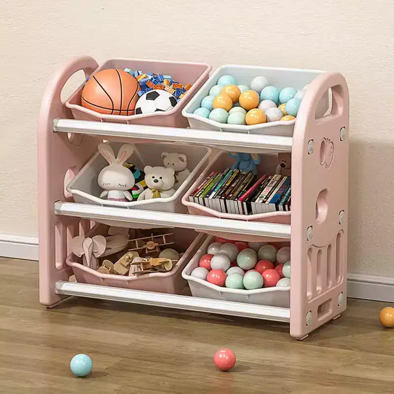 Organisateur de rangement de jouets pour enfants, étagère en PEHD à 6 bacs, pour salle de jeux, chambre, salon, rose