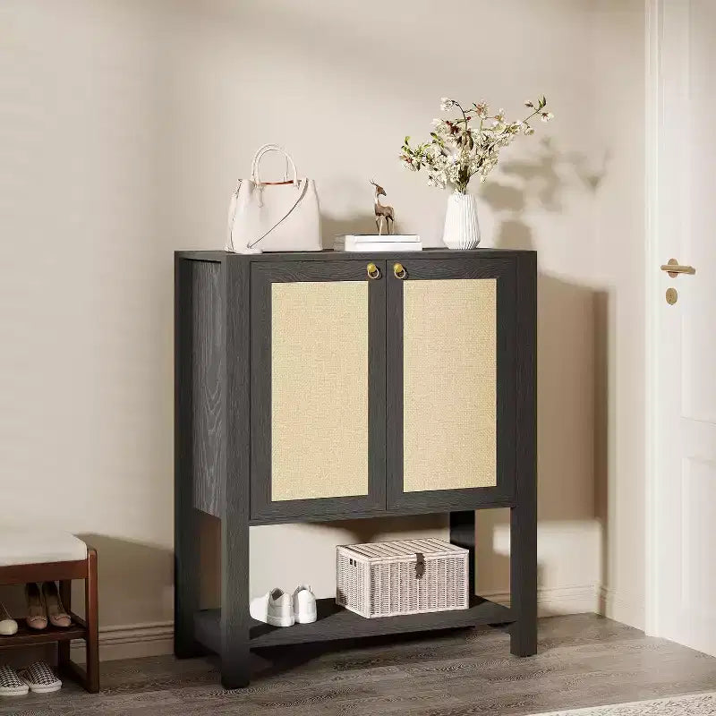 Meuble à chaussures étroit en rotin à 5 niveaux avec portes – Meuble de rangement pour entrée