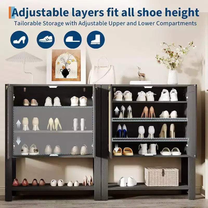 Meuble à chaussures étroit en rotin à 5 niveaux avec portes – Meuble de rangement pour entrée