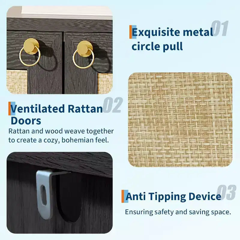 Meuble à chaussures étroit en rotin à 5 niveaux avec portes – Meuble de rangement pour entrée