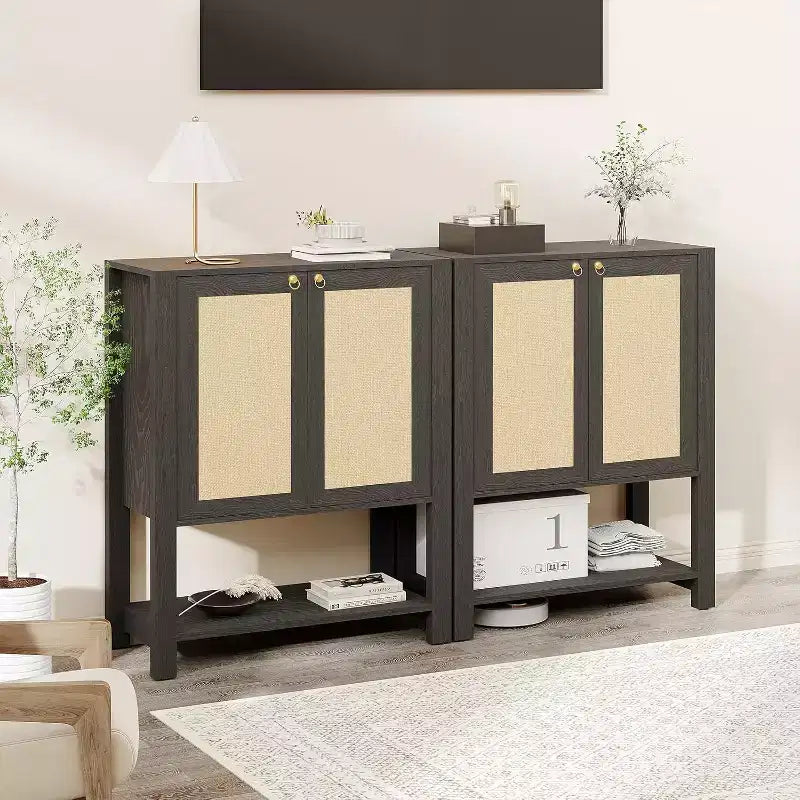 Meuble à chaussures étroit en rotin à 5 niveaux avec portes – Meuble de rangement pour entrée