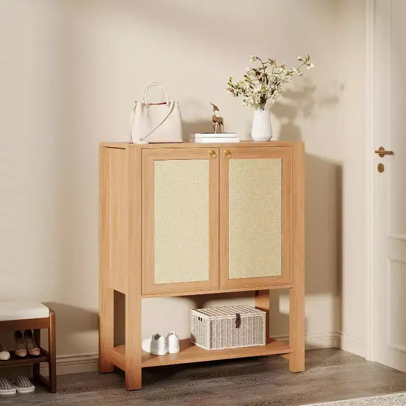 Meuble à chaussures étroit en rotin à 5 niveaux avec portes – Meuble de rangement pour entrée