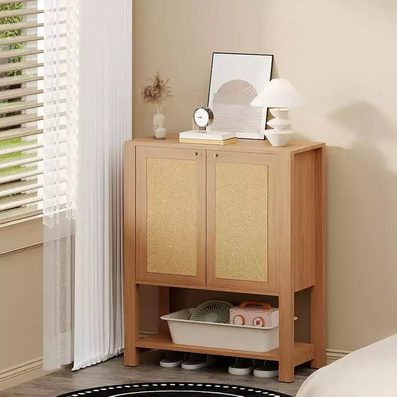 Meuble à chaussures étroit en rotin à 5 niveaux avec portes – Meuble de rangement pour entrée