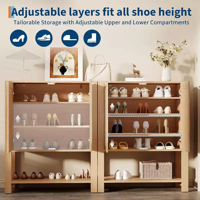 Meuble à chaussures étroit en rotin à 5 niveaux avec portes – Meuble de rangement pour entrée