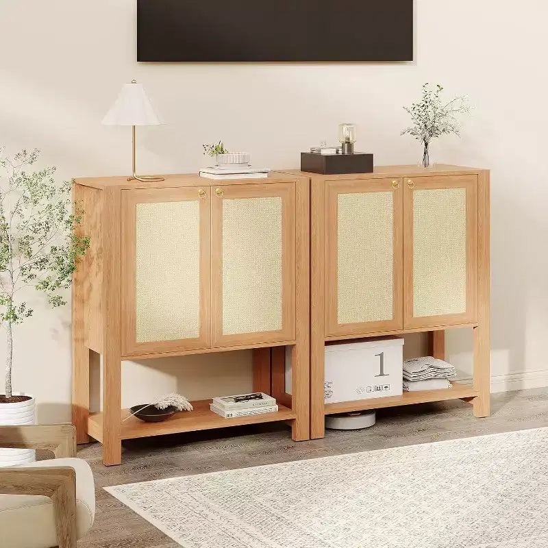 Meuble à chaussures étroit en rotin à 5 niveaux avec portes – Meuble de rangement pour entrée