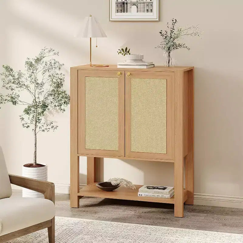 Rattan Shoe Cabinet for Entryway, 5-Tier Farmhouse Organizer Rack Narrow Shoe Storage Cabinet with 2 Doors