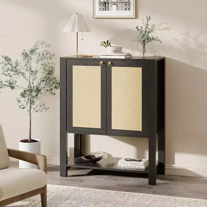 Meuble à chaussures étroit en rotin à 5 niveaux avec portes – Meuble de rangement pour entrée