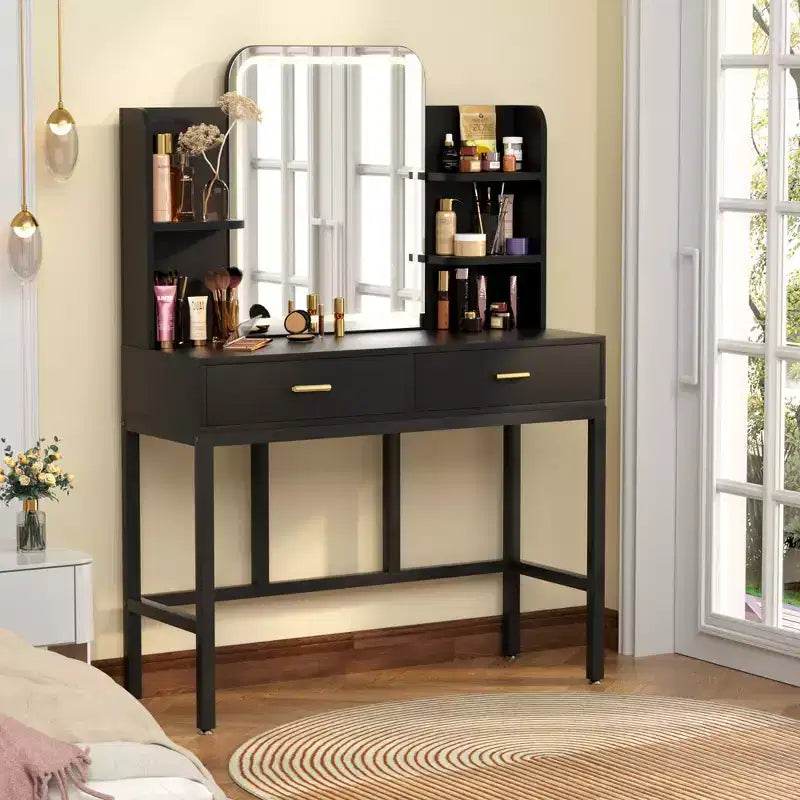 Coiffeuse avec miroir et lumières, table de maquillage avec tiroirs