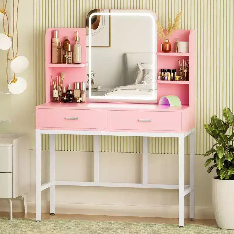 Coiffeuse avec miroir et lumières, table de maquillage avec tiroirs