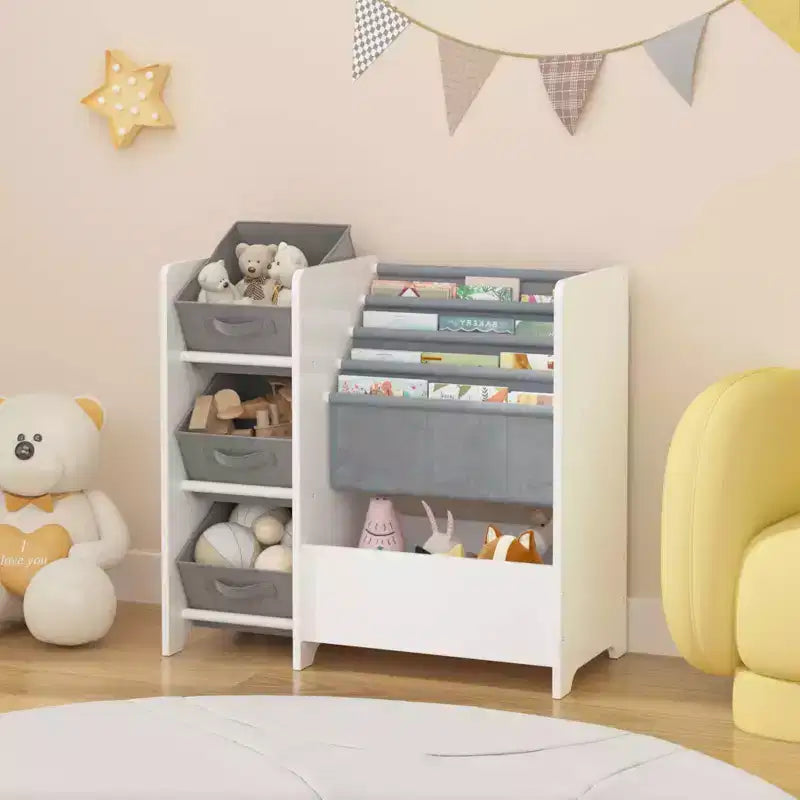 Étagère à livres et meuble de rangement pour jouets pour enfants, multifonctionnel à 4 niveaux avec 3 tiroirs en tissu pliables, présentoir à livres pour chambre et salle de jeux