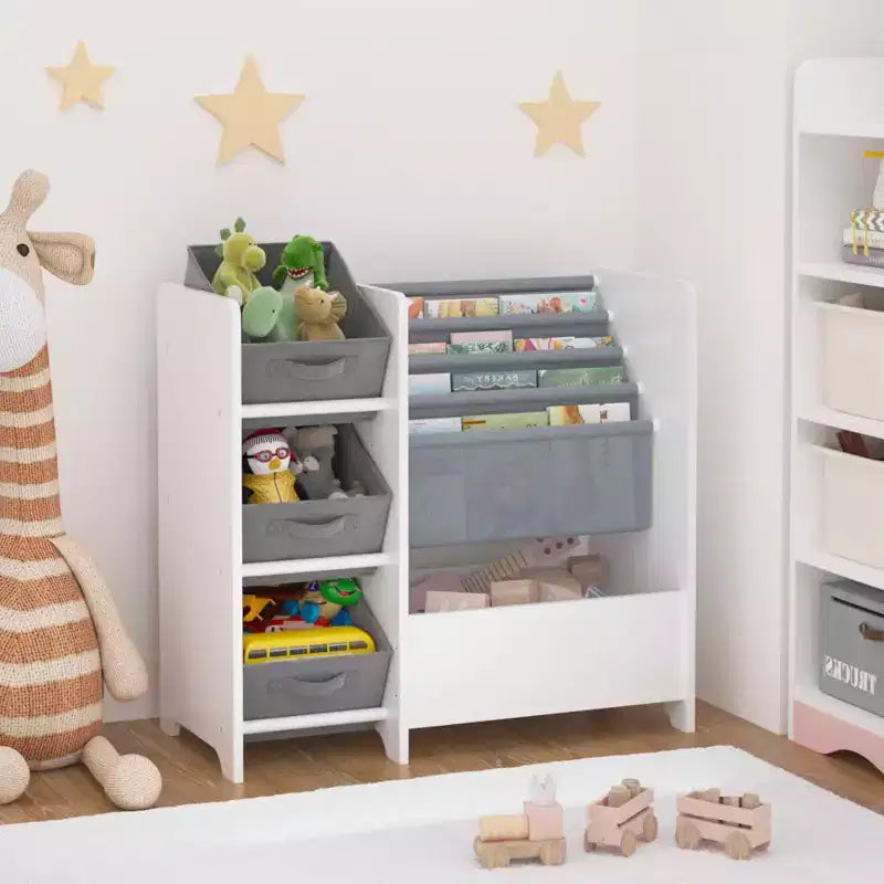 Étagère à livres et meuble de rangement pour jouets pour enfants, multifonctionnel à 4 niveaux avec 3 tiroirs en tissu pliables, présentoir à livres pour chambre et salle de jeux
