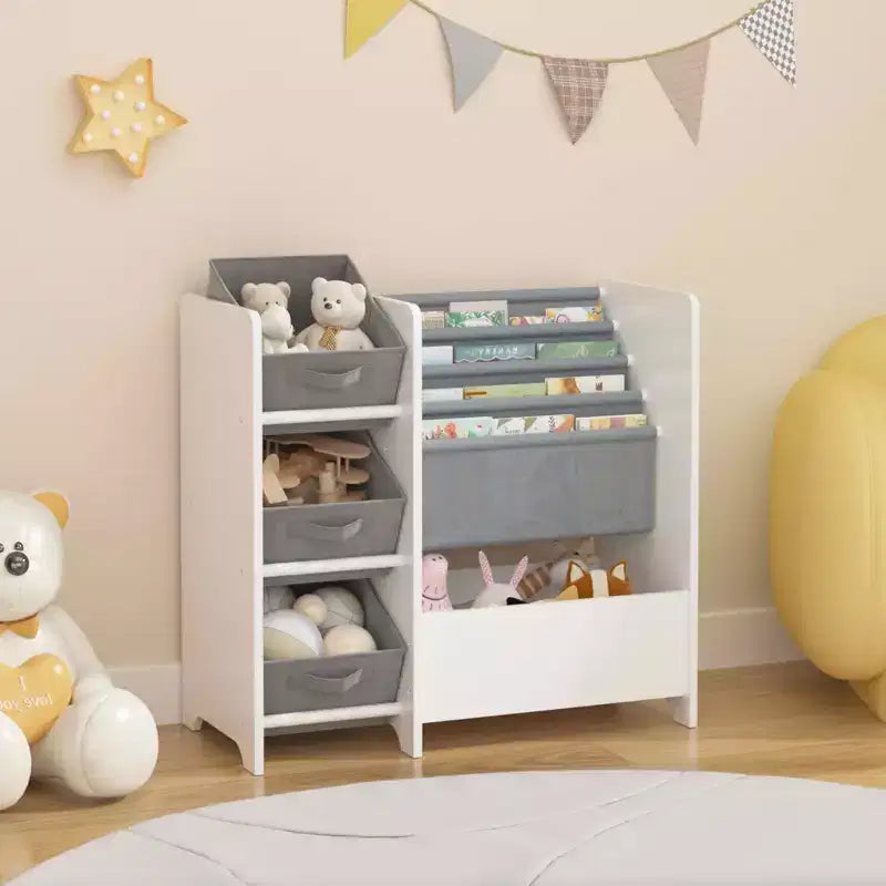 Étagère à livres et meuble de rangement pour jouets pour enfants, multifonctionnel à 4 niveaux avec 3 tiroirs en tissu pliables, présentoir à livres pour chambre et salle de jeux