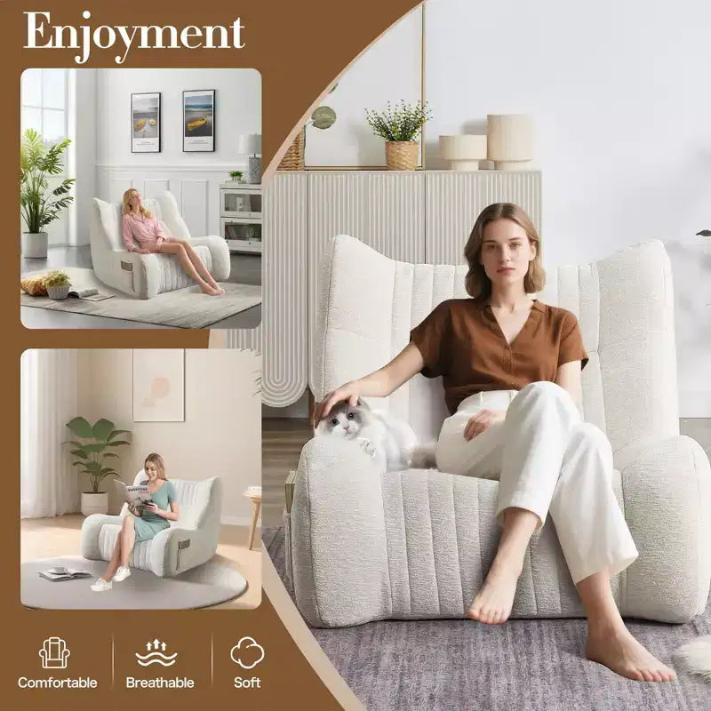 Pouf géant pour adultes avec accoudoirs, tissu chenille et mousse haute résilience
