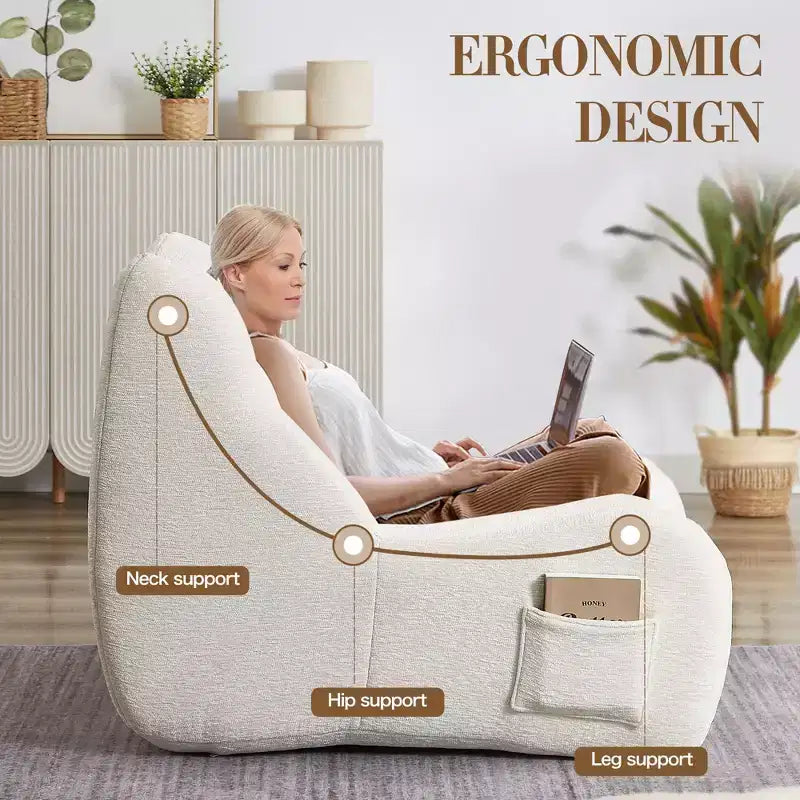Pouf géant pour adultes avec accoudoirs, tissu chenille et mousse haute résilience