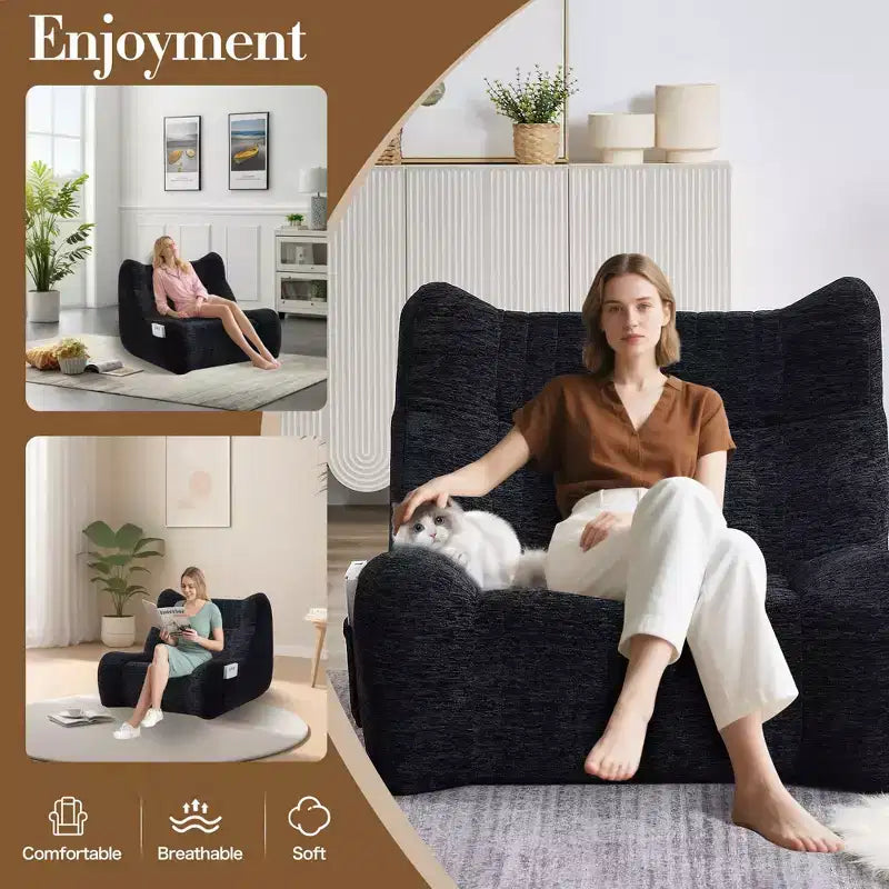 Pouf géant pour adultes avec accoudoirs, tissu chenille et mousse haute résilience