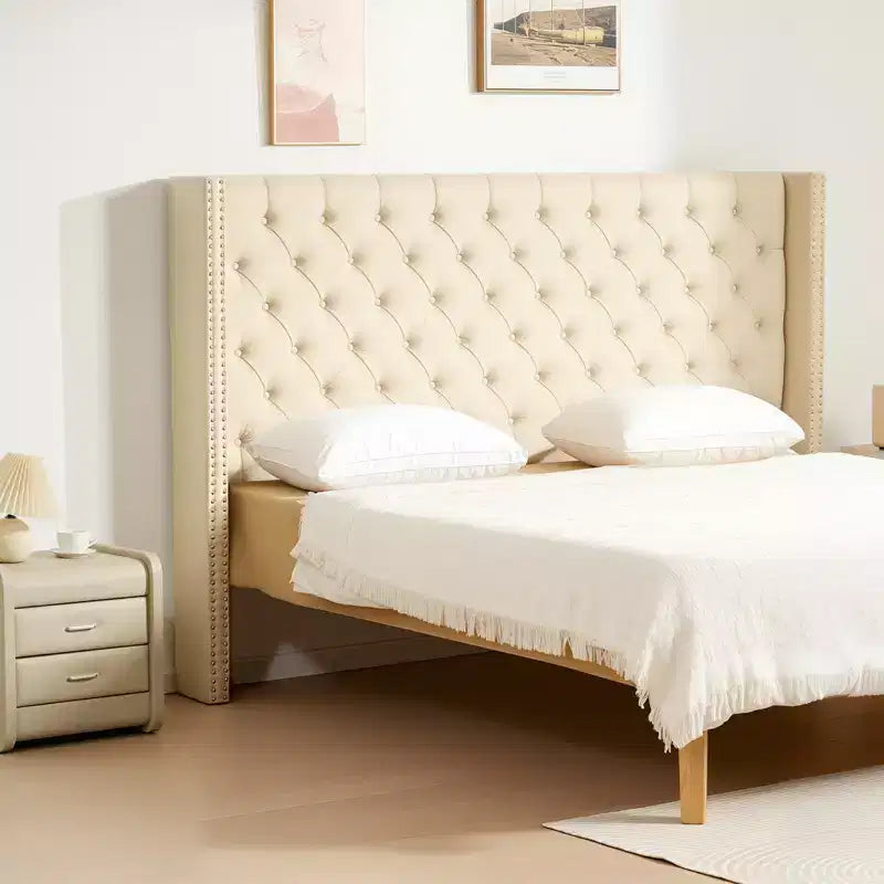 Tête de lit King Size capitonnée en losanges, beige, hauteur réglable