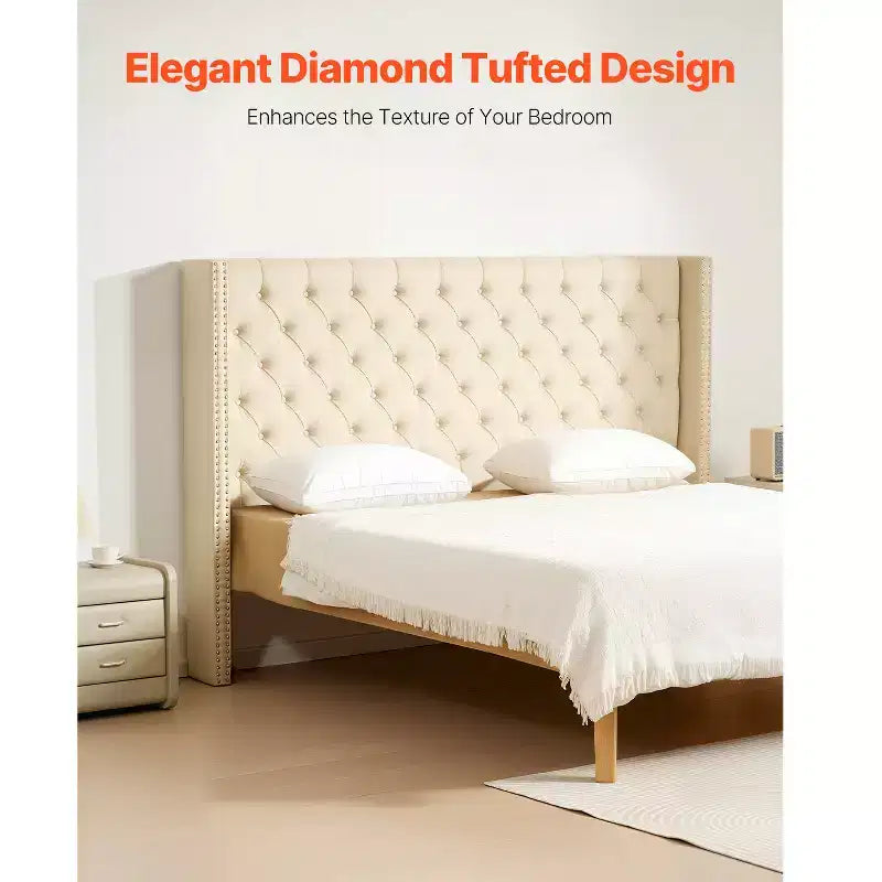 Tête de lit King Size capitonnée en losanges, beige, hauteur réglable