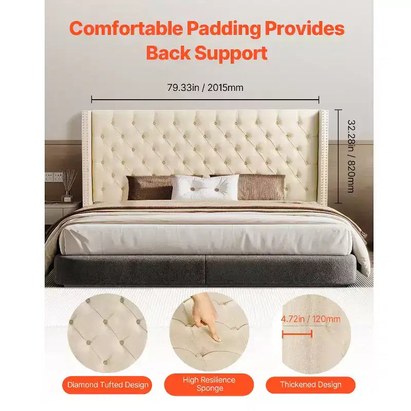Tête de lit King Size capitonnée en losanges, beige, hauteur réglable