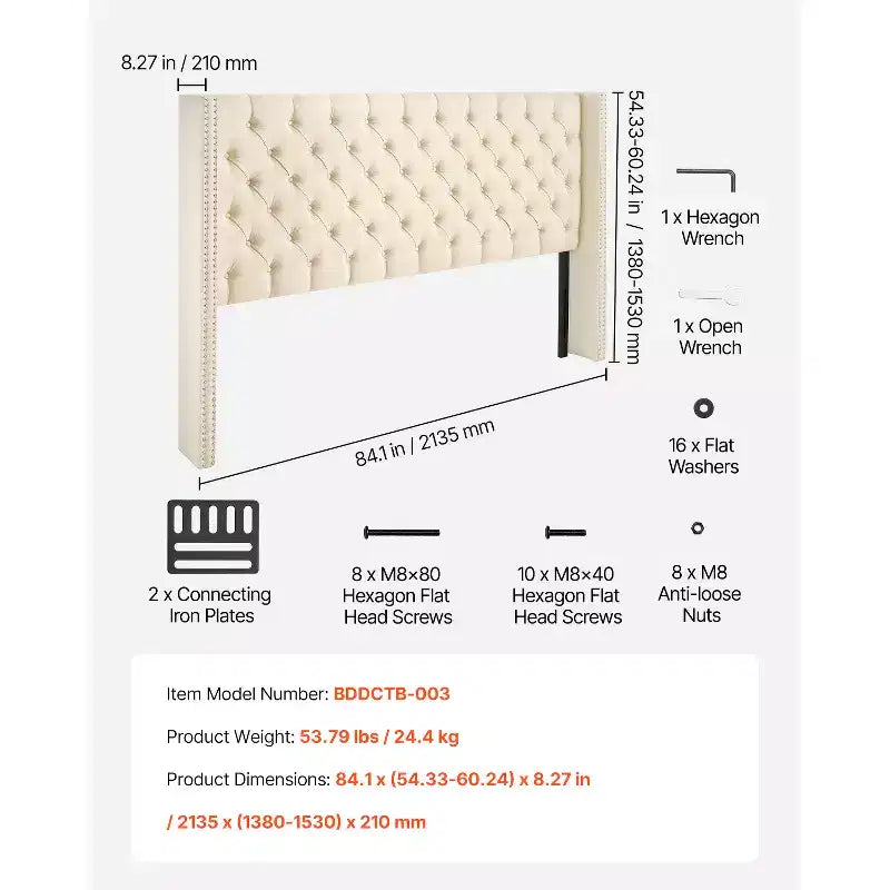Tête de lit King Size capitonnée en losanges, beige, hauteur réglable