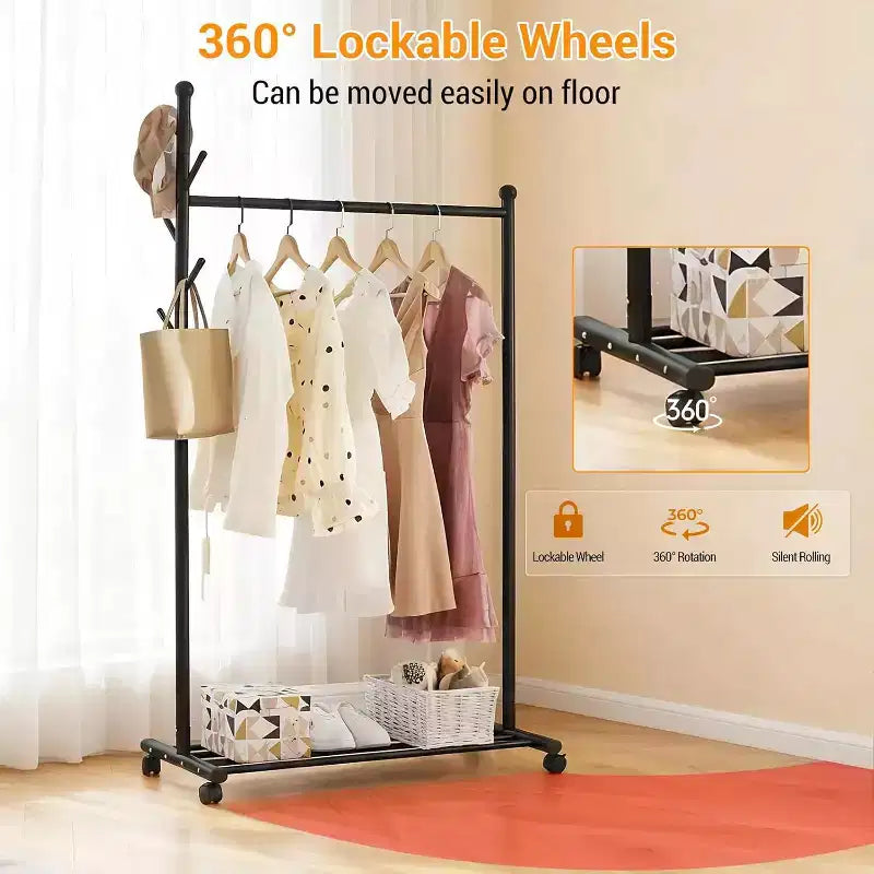 Portant à vêtements en métal avec roulettes, Chariot de penderie roulant pour suspendre les vêtements