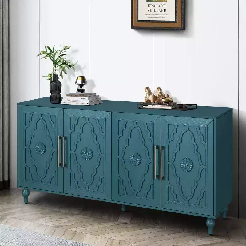 Meuble de cuisine avec 4 portes à fleurs sculptées, buffet décoratif pour salle à manger, salon