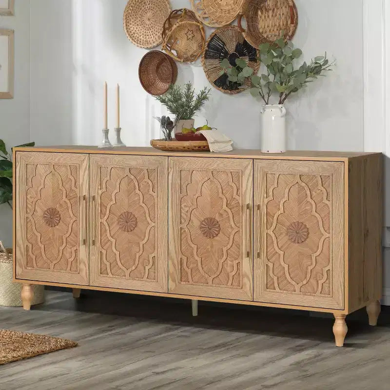 Meuble de cuisine avec 4 portes à fleurs sculptées, buffet décoratif pour salle à manger, salon