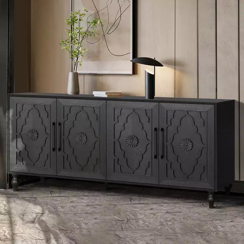 Meuble de cuisine avec 4 portes à fleurs sculptées, buffet décoratif pour salle à manger, salon
