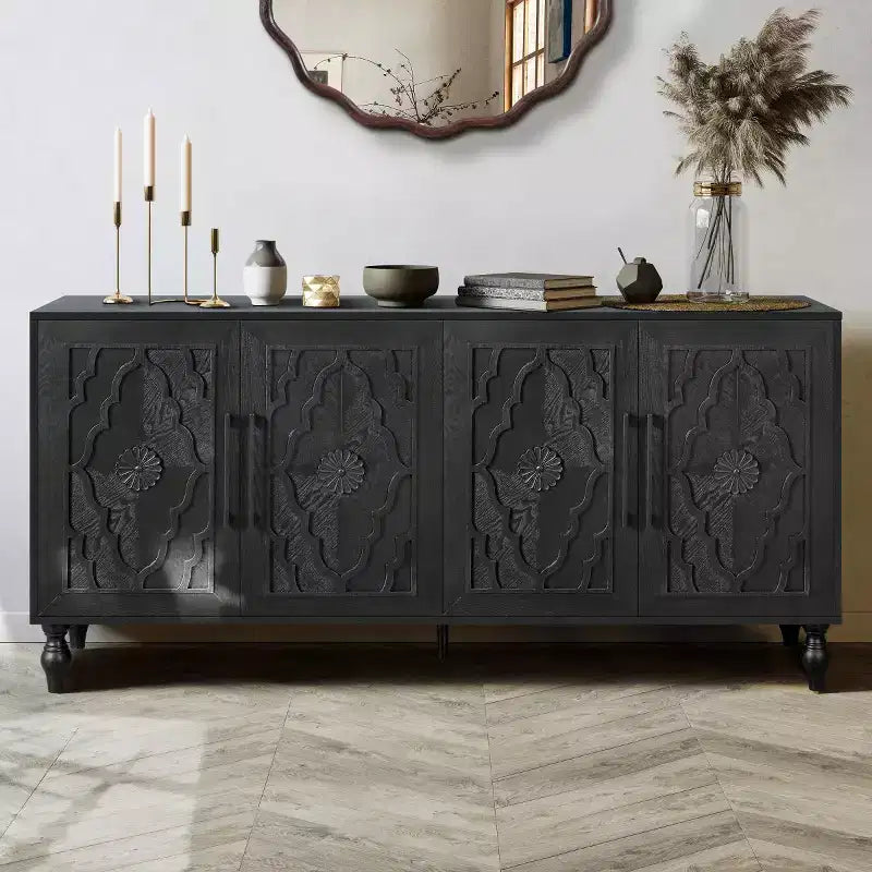 Kitchen Cabinet with 4 Carved Flower Doors, Decorative Sideboard Buffet Storage Cabinet for Dining Room, Living Room - Panipeachy