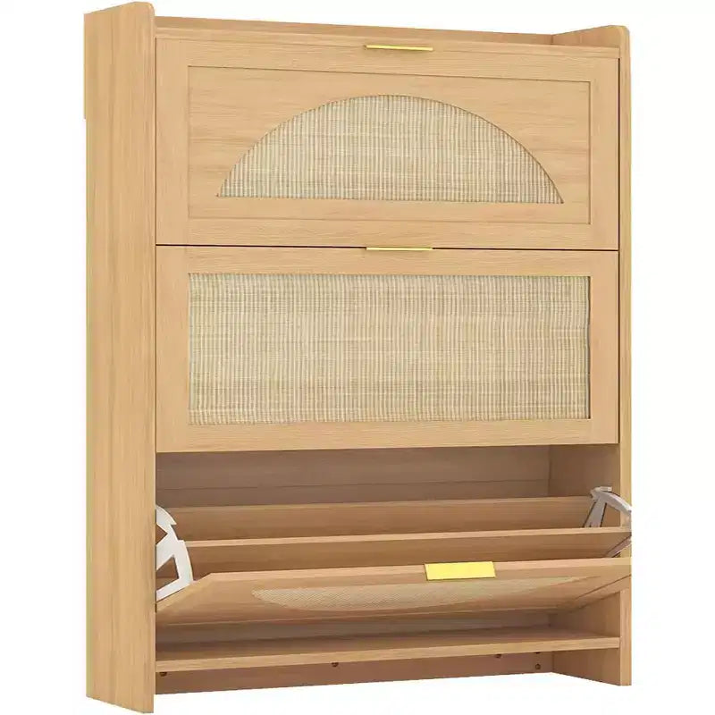 3 Flip Drawers Wood Shoe Storage Cabinet, Shoe Cabinet Freestanding with Rattan Doors & Adjustable Shelves for Entryway, Closet, Hallway
