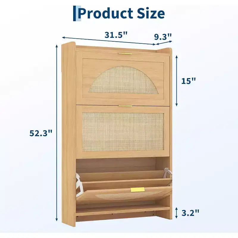 Meuble à chaussures en bois à 3 portes battantes avec portes en rotin et étagères réglables