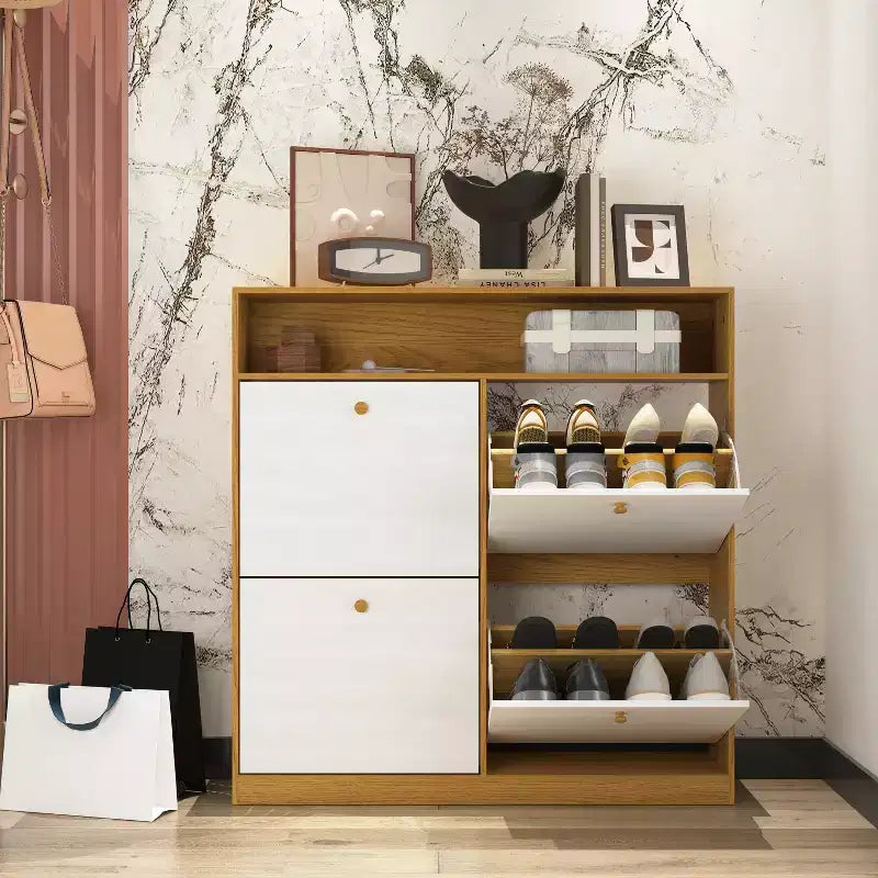 Meuble de rangement à chaussures autoportant avec dispositif anti-basculement et poignée en bois