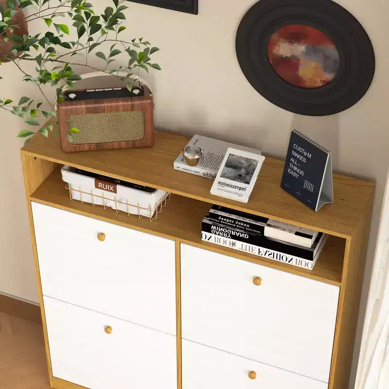 Meuble de rangement à chaussures autoportant avec dispositif anti-basculement et poignée en bois