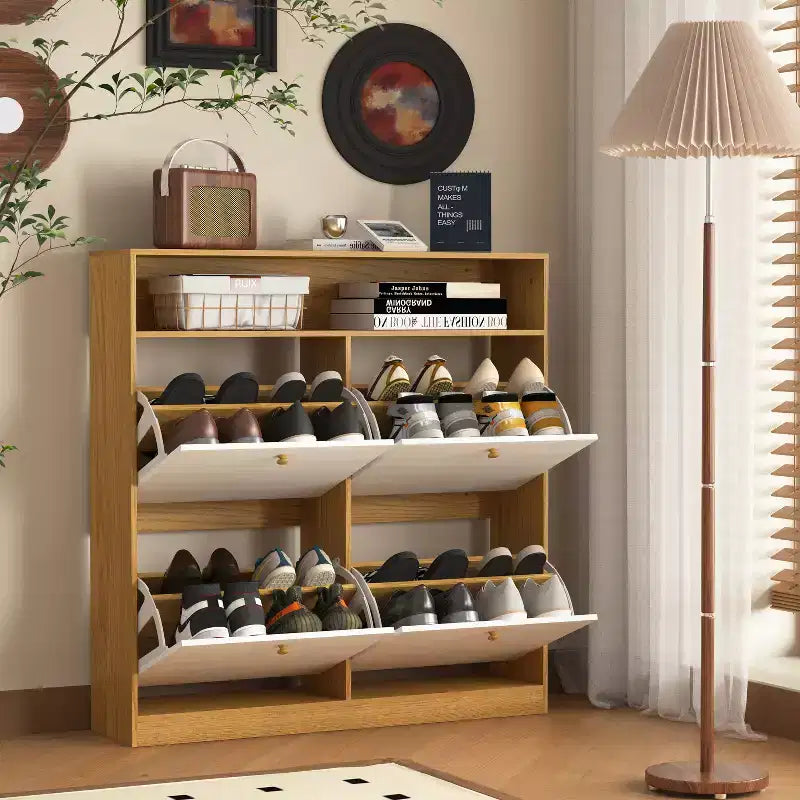 Meuble de rangement à chaussures autoportant avec dispositif anti-basculement et poignée en bois