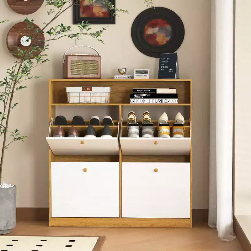 Meuble de rangement à chaussures autoportant avec dispositif anti-basculement et poignée en bois