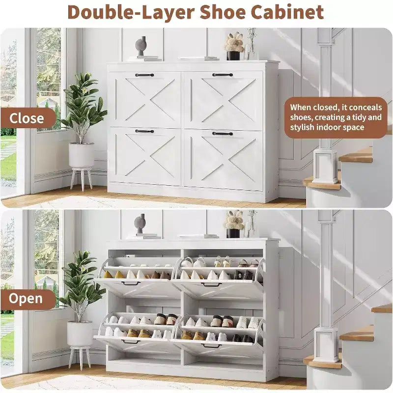 Farmhouse Shoe Cabinet with 4 Flip Drawers, 41 Wide Entryway Shoe Storage Cabinet, Narrow Freestanding Wooden Organizer Rack, White