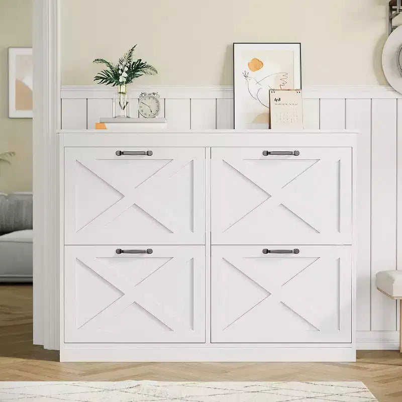 Meuble à chaussures avec 4 tiroirs à abattant, rangement d'entrée de 104 cm de large, étagère de rangement étroite en bois autoportante, blanc
